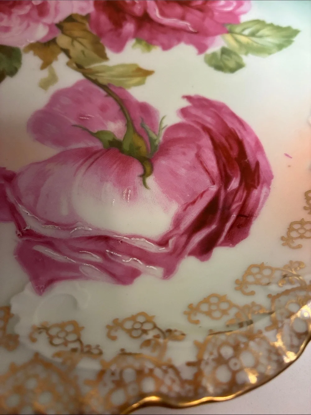 Bavarian Hand-Painted Floral Porcelain Tray & pitcher - Pink Cabbage Roses